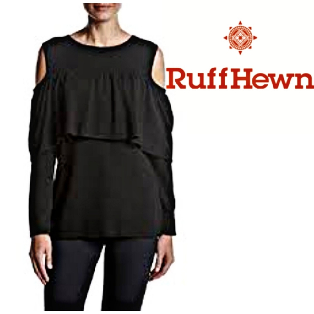 Ruff Hewn Cold Shoulder Ruffle Sweater Black